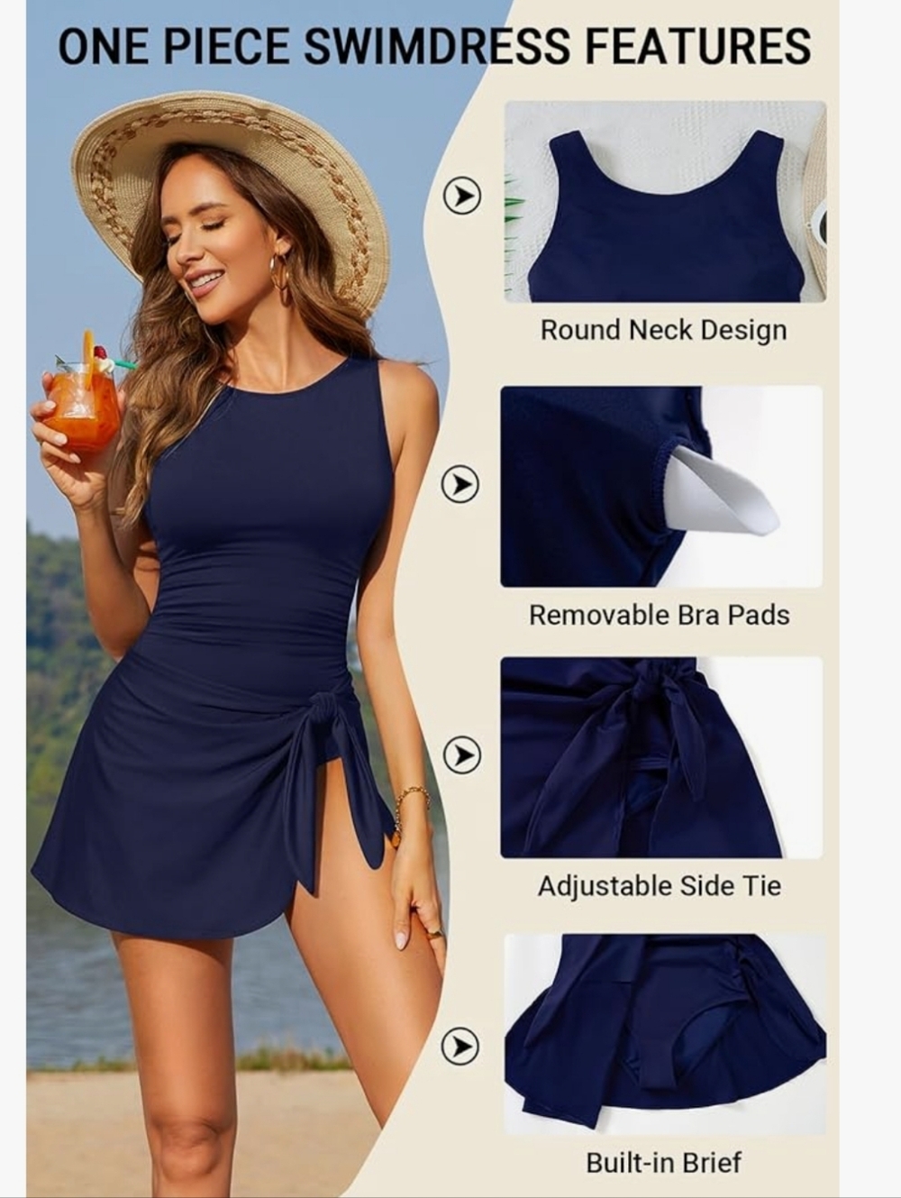 NWOT Daci One Piece Tummy Control Swim Dress In Blue Size Medium BS128 - Picture 4 of 7